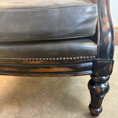 Pair of Vanguard Leather & Paisley Fabric Club Chairs w/ Nailhead Detail & Ebonized Finish, Sku 033715