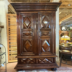 Extra Large Antique Wardrobe Cabinet, Wood Species is Unknown, Large Crown, Large Lower Drawer, 2 Doors Reveal Open Cavity, Carved Diamond Motif, Sku 033509