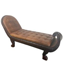 Gondola Style Chaise Tufted Leather Upholstery Case Constructed in Wood and Cane with Coconut Shell Veneer and Claw Feet, Sku 033076
