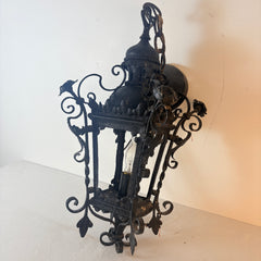 Vintage Iron Lantern Style Pendant with Scrolls and Florets, Black Finish, Sku 033482