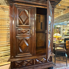 Extra Large Antique Wardrobe Cabinet, Wood Species is Unknown, Large Crown, Large Lower Drawer, 2 Doors Reveal Open Cavity, Carved Diamond Motif, Sku 033509