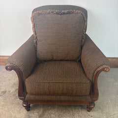 Thomasville Armchairs with Nail Head Detail and Wood Accents Brown and Berry Tweed Upholstery, Sku 033311