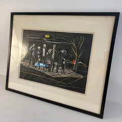 Original Woodcut of Mourners, Unsigned, Sku 033793