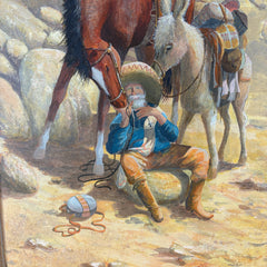 Original Art, Acrylic on Canvas Signed by Artist, Kuhn, "Waterbreak" Horse, Cowboy, Mule, Sku: 033464
