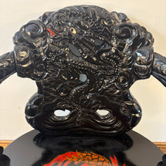 Vintage Japanese Carved Wood, Lacquer Finish Arm Chair, Hand Painted Dragon Motif, Meiji Period, Sku 033517