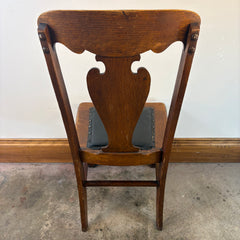 Antique Oak Side Chair, Black Leather Seat Cushion, Claw Feet, Urn Style Back Rest, Sku: 033528
