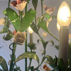 Italian Metal Toleware 5 Arm Chandelier Painted a Lush Green with Pastel Flowers, Sku 033325