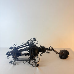 Vintage Iron Lantern Style Pendant with Scrolls and Florets, Black Finish, Sku 033482