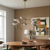 BZ Visual Comfort, Chandelier, 8 Arm Matte Brass Clam Shell, Globes in White Metal, Sku 033365