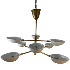 BZ Visual Comfort, Chandelier, 8 Arm Matte Brass Clam Shell, Globes in White Metal, Sku 033365