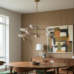 BZ Visual Comfort, Chandelier, 8 Arm Matte Brass Clam Shell, Globes in White Metal, Sku 033365