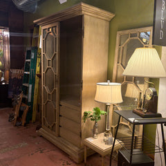 Wood and Smoked MIrror Armoire Rustic Taupe Finish with Octagonal Motif Interior Contains 3 Drawers and Open Shelving, Sku 034089