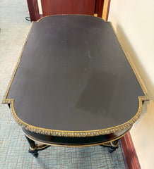 Black & Gold Italian Desk, Leather Top, Pencil Drawer, Elaborate Detailing, Base Stretcher, Finial Detail, Sku 034059