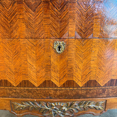 Antique Bowed Front Chest of Drawers w/ Marble Top & Intricate Marquetry Detail, Sku 034055
