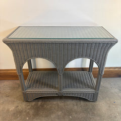 Double Arch Design Wicker Console Table or Bar Cart on Casters w/ Gray Painted Finish, Sku 033796