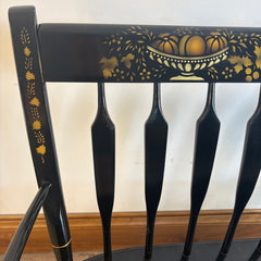 Nichols and Stone Brand, Commemorating America's Bicentennial, Spindle Back Wood Bench, Black Painted Finish with Gold Accented Fruit and Leaf Motif, Sku 033769