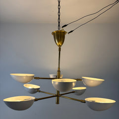 BZ Visual Comfort, Chandelier, 8 Arm Matte Brass Clam Shell, Globes in White Metal, Sku 033365