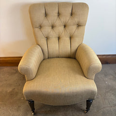 Parker Knoll Edward Armchair with Tufted back Rolled Arms and Casters on Front Legs, Tan Linen Upholstery, Sku 033673