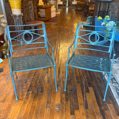 Pair of Neoclassical Style Cast Aluminum Patio Arm Chairs in Sea Green, With Weave Style Seats, Sku: 033758