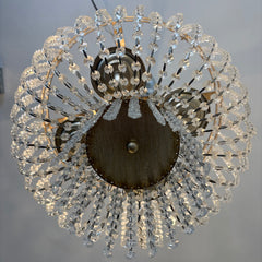 Ethan Allen Basket Chandelier in Silvertone Structure w/ Linked Crystal Coins, Sku 034013