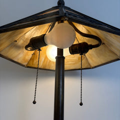 Vintage Slag Glass and Detailed Metal Table Lamp w/ 2 Sockets & Pull Chains, Sku 033820