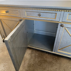 Credenza, Three Lower Cabinets, 3 Top Drawers Finish inSoft Silver, Pale Gold Trim, Sku: 033622