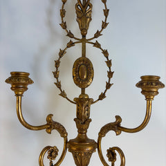 Pair of Italian Gilt Wood & Iron Twin Branch Wall Candle Sconces, Sku 033833