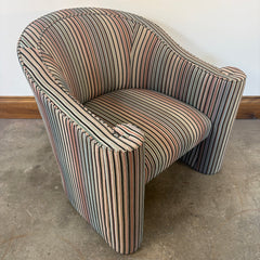 Pair of Vintage Casa Bique Neo Classical Style Arm Chairs, Cut Velvet Striped Upholstery Black, Beige, Blush, Aqua, Scrolled Arm Detail, Sku: 033475