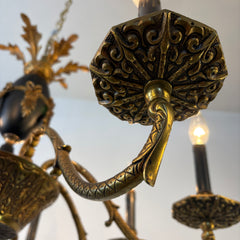 Antique 8 Arm Chandelier Dark Brass and Black, Bow Motif, Sku 033530