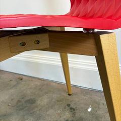 Set of 4 Metalmobil Dining Chairs Molded Red Shell, Diamond Pattern on Maple Leg Structure, Sku 033835