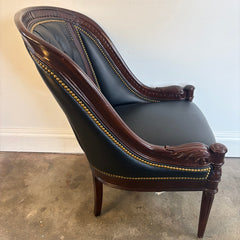 Hancock and Moore Black Leather Armchair Tufted Back Elaborate Wood Frame with Interlocked Coin Design, Sku 034126