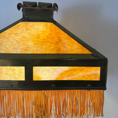 Art Deco Stained Glass and Brass Table Lamp, Square Shade, Gold Tassel Fringe, Sku 033456