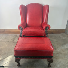 TLSC TEXAS Custom Upholstered Wing Chair and Ottoman Contrasting Red and Black Leather, Sku 033313