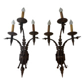 Pair of Three-Arm Wall Sconces Acanthus Leaf Detail, Rust Like Patina, Sku: 033332