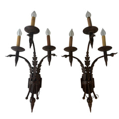 Pair of Three-Arm Wall Sconces Acanthus Leaf Detail, Rust Like Patina, Sku: 033332
