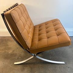 Barcelona Chair Designed by Mies van der Rohe in 1929 Polished Chrome Crisscross Base and New Hand Stitched Welted Carmel Brown Leather Squares, Sku 034141