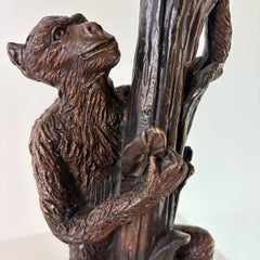 Pair of Bronze Table Lamps with Palm Tree & Monkeys, Beige Silk & Pleated Shade, Sku: 033089