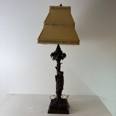 Pair of Bronze Table Lamps with Palm Tree & Monkeys, Beige Silk & Pleated Shade, Sku: 033089