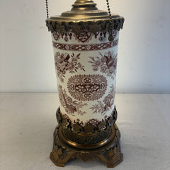 Antique Table Lamp Brown Transferware Porcelain with Elaborate Brass Filagree Detail Double Socket, Sku 034120