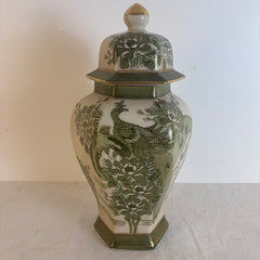 Japanese Kutani Ginger Jar Green and Cream Crackle Glaze with Hand Painted Peacock and Floral Motif, PLEASE NOTE CHIP AND INTERIOR REPAIR, Sku: 033917