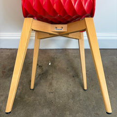 Set of 4 Metalmobil Dining Chairs Molded Red Shell, Diamond Pattern on Maple Leg Structure, Sku 033835
