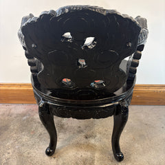Vintage Japanese Carved Wood, Lacquer Finish Arm Chair, Hand Painted Dragon Motif, Meiji Period, Sku 033517