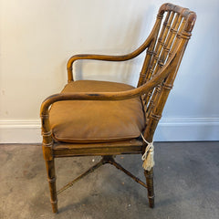 Faux Rattan Armchair with Spindle Back and X Base Stretcher Cognac Leather Pads, Sku 034151
