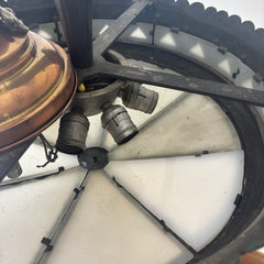 Art Deco Chandelier Antique Brass, Milk Glass with Cobalt and Emerald Enamel Triangles, Sku 033315