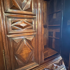 Extra Large Antique Wardrobe Cabinet, Wood Species is Unknown, Large Crown, Large Lower Drawer, 2 Doors Reveal Open Cavity, Carved Diamond Motif, Sku 033509