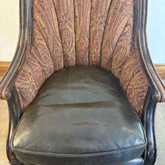 Pair of Vanguard Leather & Paisley Fabric Club Chairs w/ Nailhead Detail & Ebonized Finish, Sku 033715