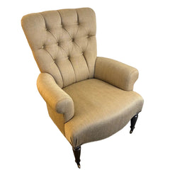 Parker Knoll Edward Armchair with Tufted back Rolled Arms and Casters on Front Legs, Tan Linen Upholstery, Sku 033673