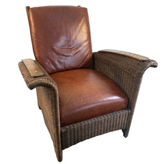 Restoration Hardware Deck Chair and Ottoman Dark Brown Wicker and Wood Arm Rests Cognac Leather Cushions Adjustable Pegs for Desired Reclining Position