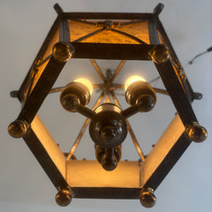 Pendant Light Hexagonal Metal Structure Amber Glass Bronze Finish Gold Accents, Sku 034156