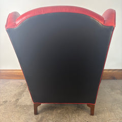 TLSC TEXAS Custom Upholstered Wing Chair and Ottoman Contrasting Red and Black Leather, Sku 033313